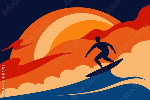 Vector silhouette illustration of a woman surfer on a beach wave, blending sport and summer fun