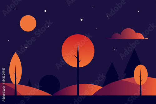 Night landscape with moon and stars in a dark blue sky with mountain silhouettes