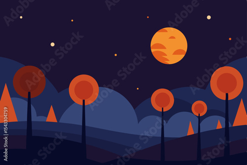 A vector illustration of a serene night landscape with a luminous moon and twinkling stars