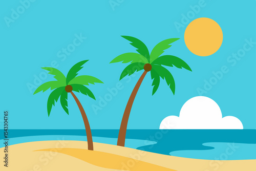 Tropical island beach with palm trees, blue sky, and clear ocean water