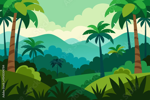 Tropical beach landscape with palm trees, sun, and ocean
