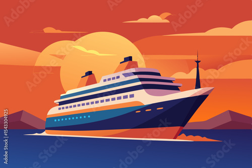 Luxury cruise ship sailing the ocean at sunset