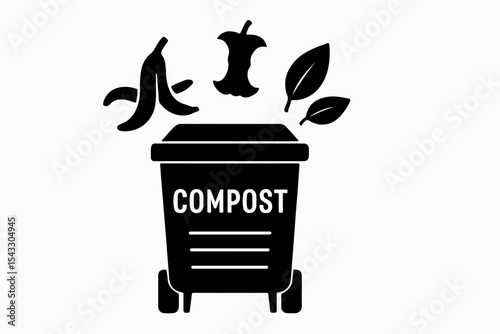 Black and White Compost Bin Icon with Organic Waste Featuring a Banana Peel Apple Core and Leaves on a White Background black white