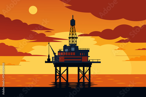 Offshore oil rig silhouette against a vibrant sunset sky over the sea