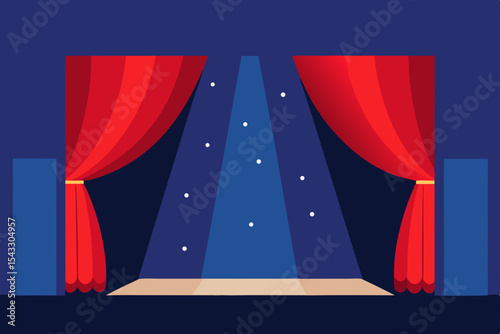 A vector illustration of a theater stage with red velvet curtains under a spotlight, perfect for an entertainment show or opera performance