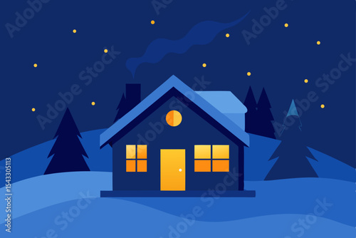 Christmas house in snowy winter night landscape with trees and village