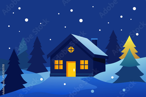 Christmas winter night landscape with a snow-covered house and festive trees