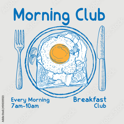 Morning Club eating artwork , Fresh start your day. Breakfast time vector t shirt design, cafe poster.  Graphic Design for T shirt Street Wear , food poster, Illustration.