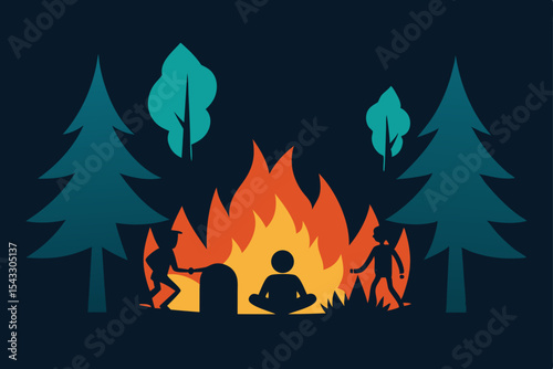 A family enjoys a warm, orange campfire in the dark autumn forest, casting flickering light on the trees under the Halloween moon