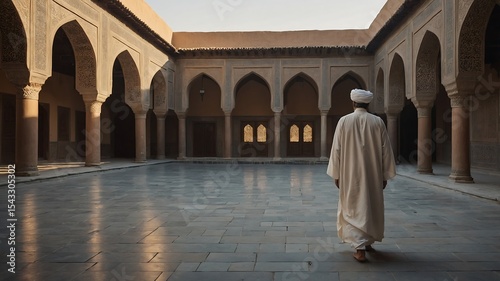 Tranquil Courtyard A Man in Traditional Garb Contemplates in Ancient Architecture