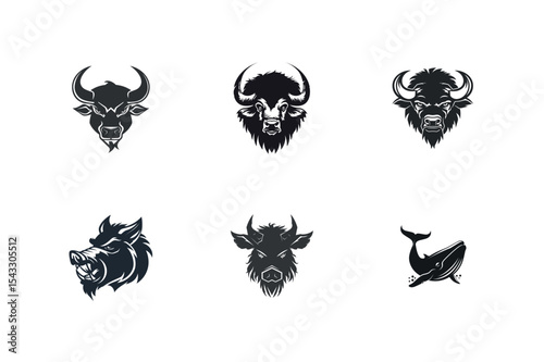 Six animal head silhouettes bull bison boar whale