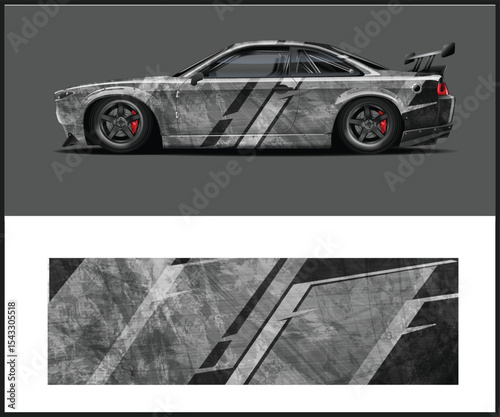 Car Wrap Design with Yellow and Gray Geometric Pattern Overlay