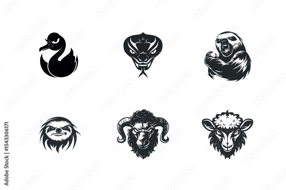 Six animal head silhouettes swan snake sloth ram sheep silhouette Six animal head silhouettes swan snake sloth ram sheep silhouette