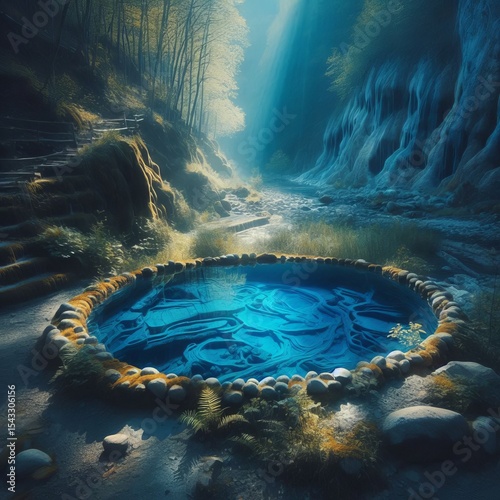 Blue Mineral Pool Still blue pool ringed with mineral deposits i