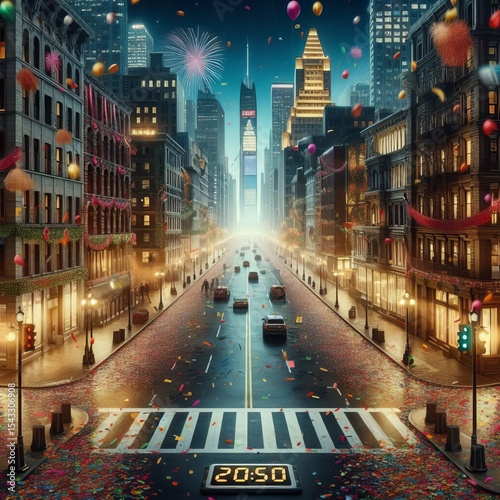 New Year’s Eve cityscape Streamers and confetti scattered empt