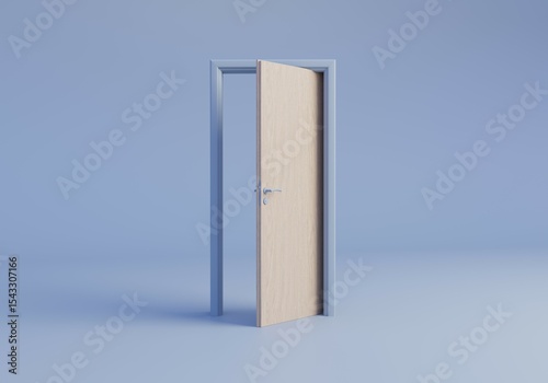 3d rendering illustration, open wooden door, isolated on  light pastel blue grey background. Opportunity transition abstract metaphor, modern minimal concept. Surreal scene.