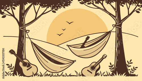 Serene sunset illuminating a camping scene with two hammocks strung between trees, acoustic guitars resting nearby.
