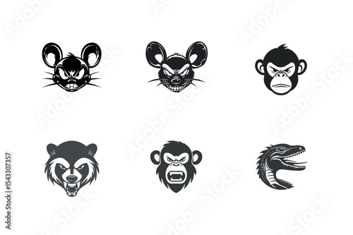 Aggressive animal heads silhouette set