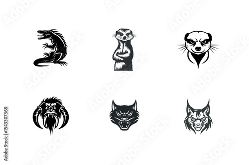 Six animal head silhouettes set vector illustration
