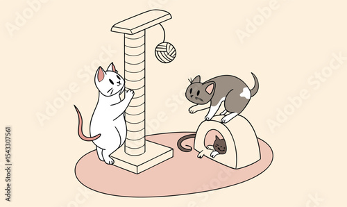 Cute Cartoon Cats Playing on Cat Tower – Adorable Pet Illustration for Cat Lovers