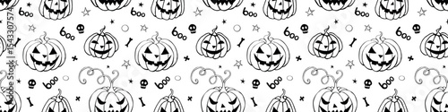 Vector Seamless pattern with pumpkins, Jack o Lantern. Halloween backgrounds and textures in doodle style, isolated.