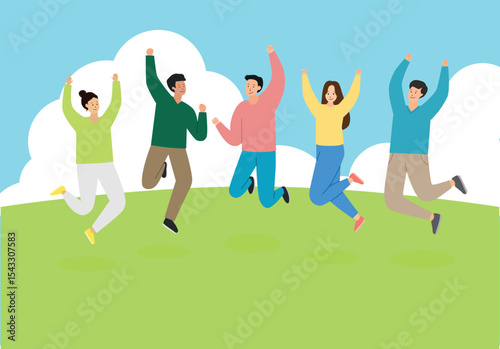 Group of happy people jumping and celebrating outdoors