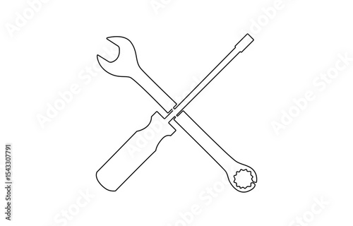 Single continuous line art screwdriver settings symbol silhouette. Computer service technology support design element, . Computer service technology support design element one sketch outline drawing .