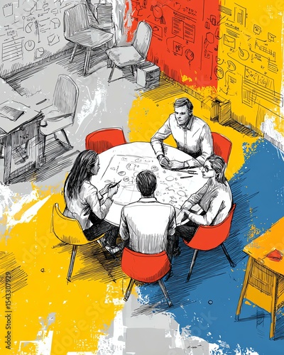 Collaborative architectural design Creative team brainstorming in a modern space.