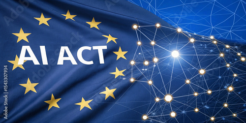 Conceptual image of the European Union flag with a superimposed, glowing network of interconnected data points and the text 
