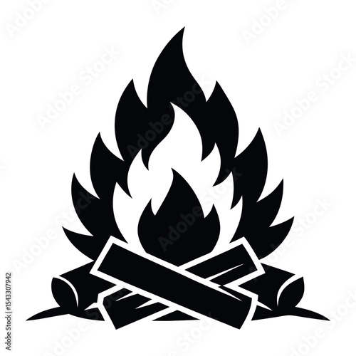 Bold black silhouette vector illustration of a bonfire with flames on white background