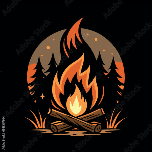 Bold black silhouette vector illustration of a bonfire with flames a dark night background