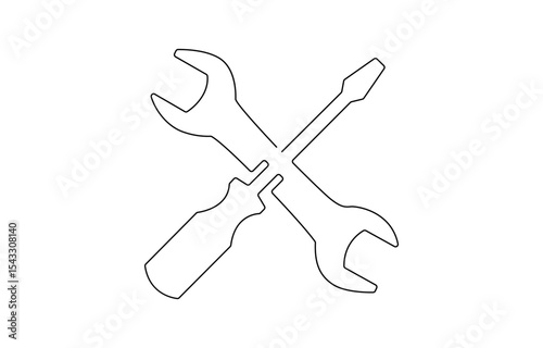 Single continuous line art screwdriver settings symbol silhouette. Computer service technology support design element, . Computer service technology support design element one sketch outline drawing .