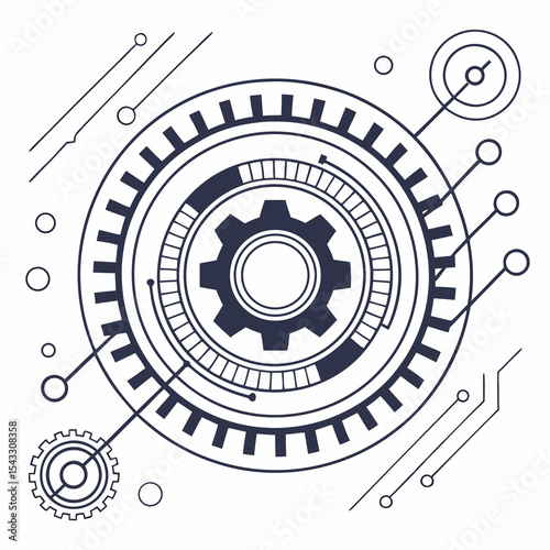 Abstract Technological Gear Mechanism Design Circular Cogwheel System with Integrated Circuitry Elements