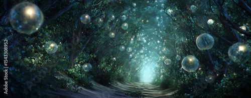 Moving toward enlightenment Enchanting forest with glowing orbs illuminating path.