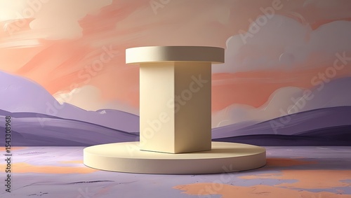 Modern beige podium presentation against abstract landscape backdrop with artistic clouds