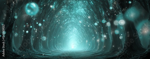 Moving toward enlightenment Mysterious glowing forest pathway at night.