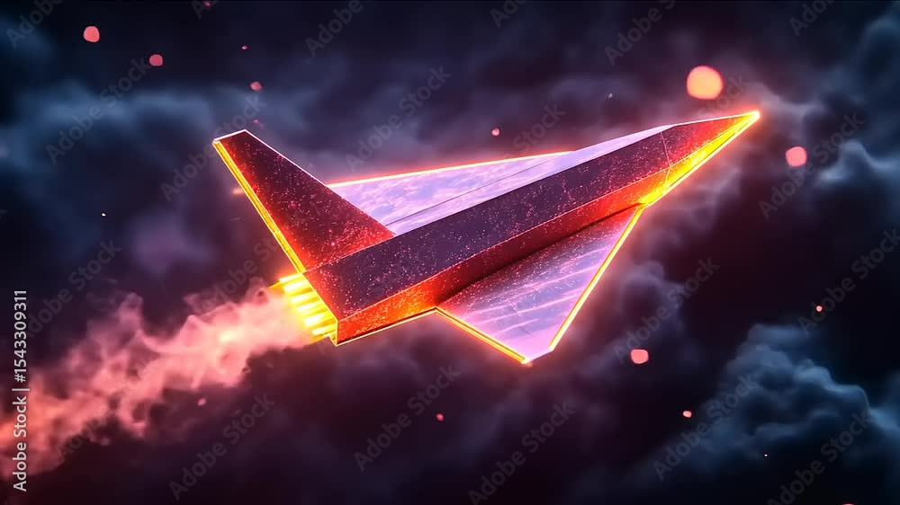 Futuristic paper airplane soaring through cosmic clouds