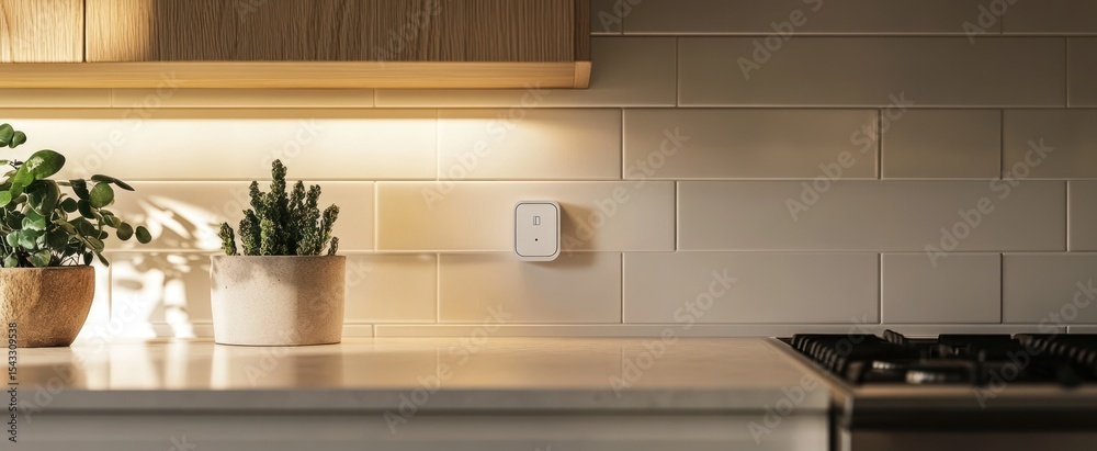 Fototapeta premium Modern kitchen with subtle lighting and plants.
