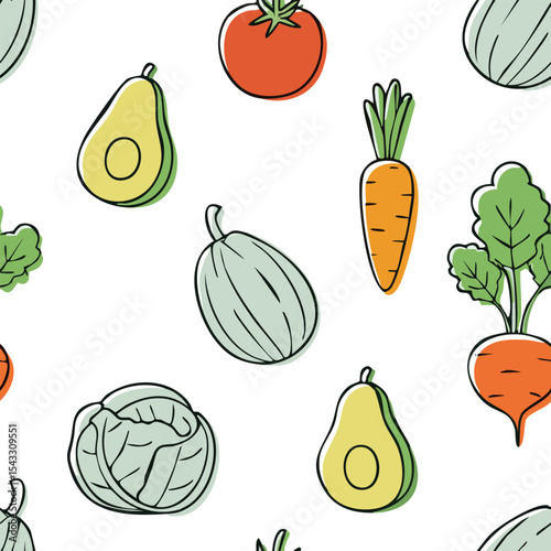 Seamless Hand-Drawn Pattern of Fruits and Vegetables in Vector Format – Avocado, Tomato, Carrot, and More