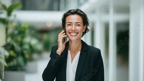 Smiling businesswoman in dark suit walking through modern office corridor and talking on smartphone, confident and professional