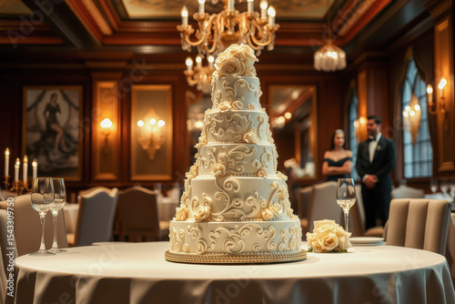 Ornate Wedding Cake in Elegant Dining Room photo