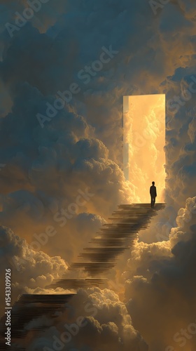 Moving toward enlightenment A figure standing before a glowing open door