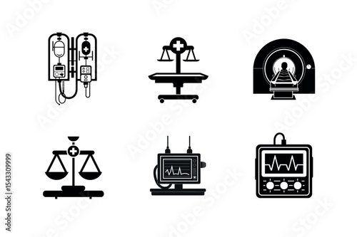 Medical equipment icons silhouette set