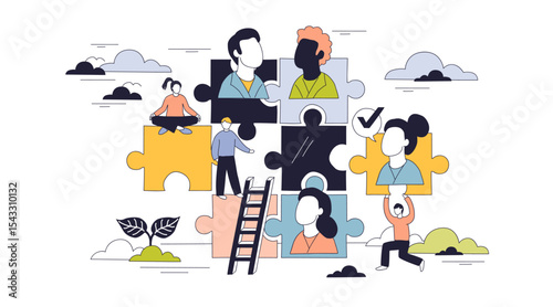 Human management is illustrated by people connecting puzzle pieces, symbolizing teamwork, collaboration, and organization. Doodle style