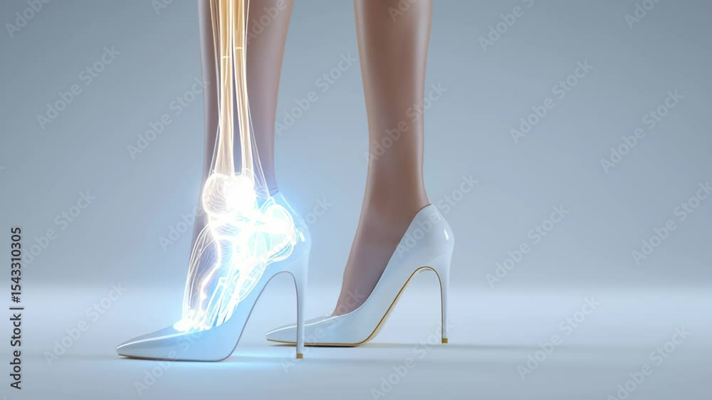 Elegant woman's legs and feet wearing white high heels showcase the intricate skeletal structure with highlighted bones and joints as she walks, emphasizing the impact on foot anatomy