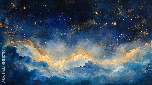 Celestial Watercolor Night Sky with Golden Clouds