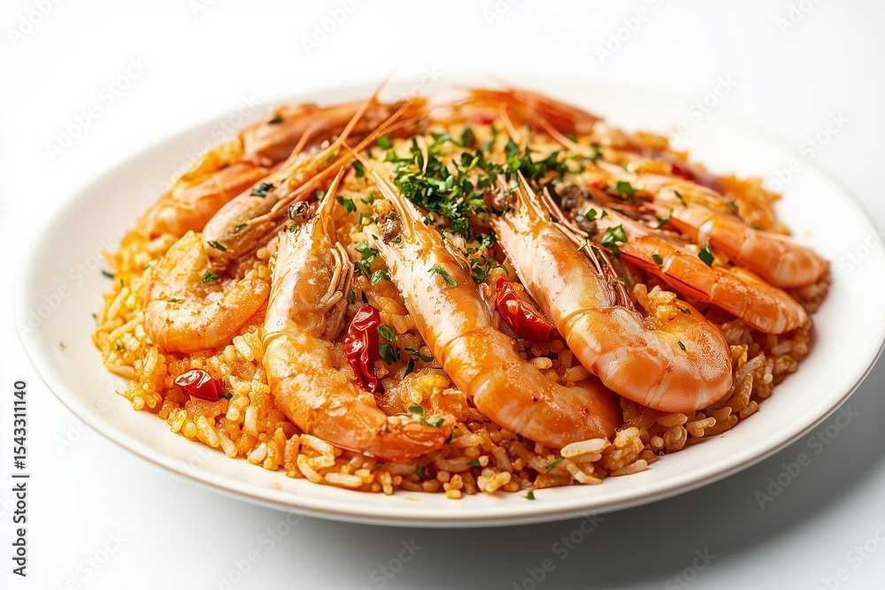 Fototapeta premium Delicious arroz con camarones featuring prawn rice with chili served on a pristine white plate garnished with herbs