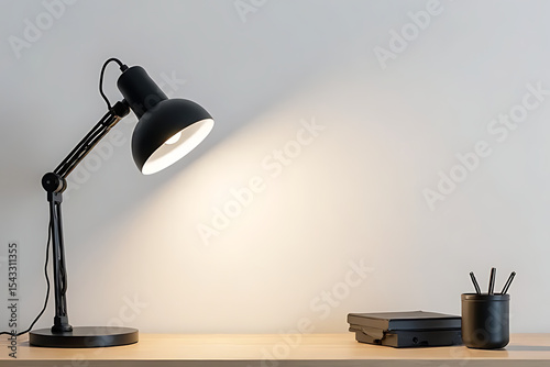 Stylish black table lamp turned on in modern workspace with copy space on white wall, macro shot, natural lighting
