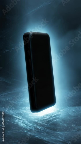 Sleek black power bank storage standing upright in moody blue lighting, tech product showcase with modern appeal