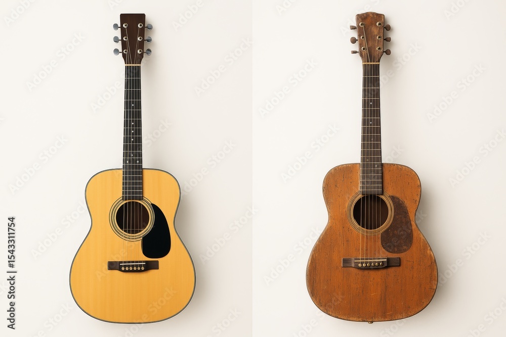 Obraz premium New acoustic guitar versus old worn guitar